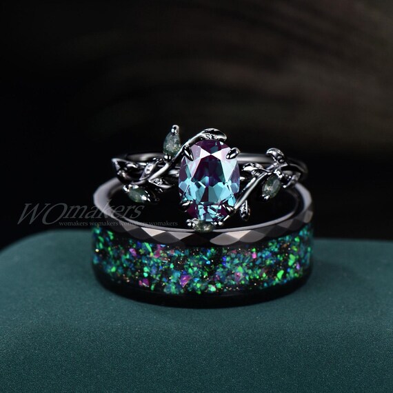 Nature Inspired Leaf Twig Branch Oval Cut Alexandrite Engagement
