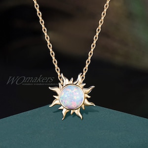 Rapunzel Sun Pendant Necklace Solid 14k Gold Round White Fire Opal Bezel Sunburst Drop Necklace Rainbow Opal Jewelry Dainty Chain Gift Women