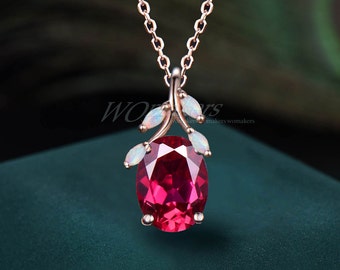 Colar com pingente de rubi com corte oval de 7*9 mm, ramo de galho, pedra de nascimento de julho, colar de opala, inspirado na natureza, ouro rosa maciço, presente de compromisso de casamento