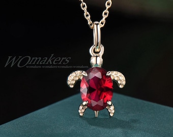Vintage Oval Cut Ruby Sea Turtle Pendant Necklace 14k Yellow Gold Cute Ruby Necklace Red Gemstone Pendant July Birthstone Charm Wedding Gift