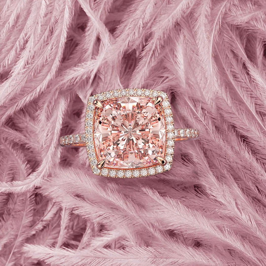Peach Pink Morganite Silver Rose Gold Plated Engagement Ring Women ...