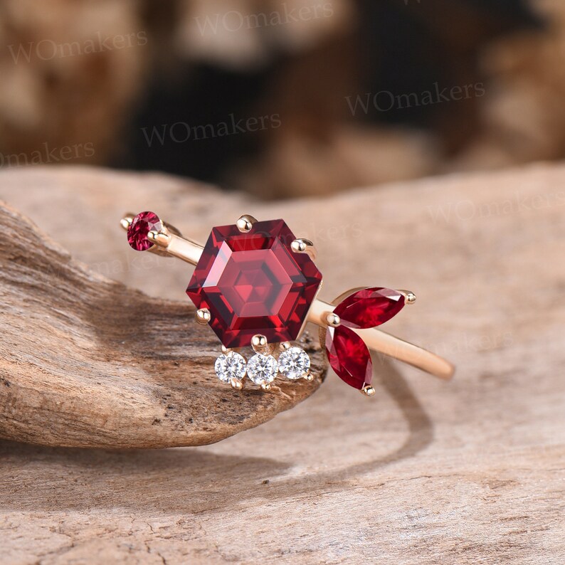Fish Shape Ring Hexagon Cut Red Ruby Engagement Ring 14K Yellow Gold ...