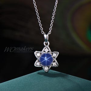 Round Star Blue Sapphire Diamond Pendant Necklace 925 Sterling Silver Celestial Inspired Lindy Star Drop Necklace Wedding Chains Gift Women