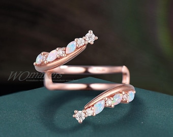 Vintage Opal Diamond Bypass Enhancer Trouwring Art Deco Wraps Ring Solid 14k Rose Gold Cluster Sierlijk Jasje Trouwring Guard voor vrouwen