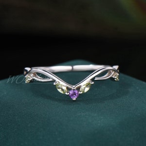 Unique Wishbone Band Natural Peridot Amethyst Wedding Ring Curved Matching Band Sterling Silver Twisted Stackable Band Birthday Gift Women