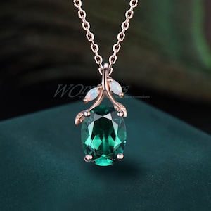 Vintage Oval Cut Green Emerald Necklace Leaf Twig Pendant 14k Rose Gold Nature Inspired Emerald And Opal Jewelry Promise Wedding Gift Women