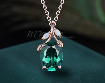Colar vintage com esmeralda verde e corte oval, pingente de galho e folha, ouro rosa 14k, joia inspirada na natureza, esmeralda e opala, presente de casamento para mulheres