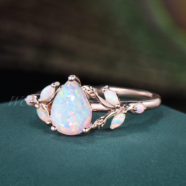 1.25ct Birne weiß Feueropal Zweig Reben Zweige Ehering 14K Rose Gold Opal Cluster Ehering Einzigartige Oktober Birthstone Geburtstagsgeschenke
