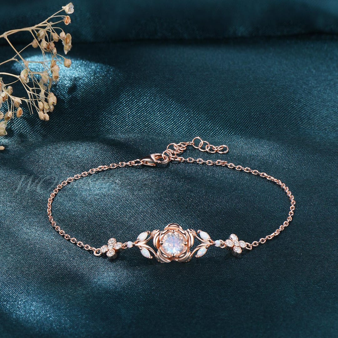 Nature Inspired Rose Flower Bracelet Natural Moonstone Bracelet