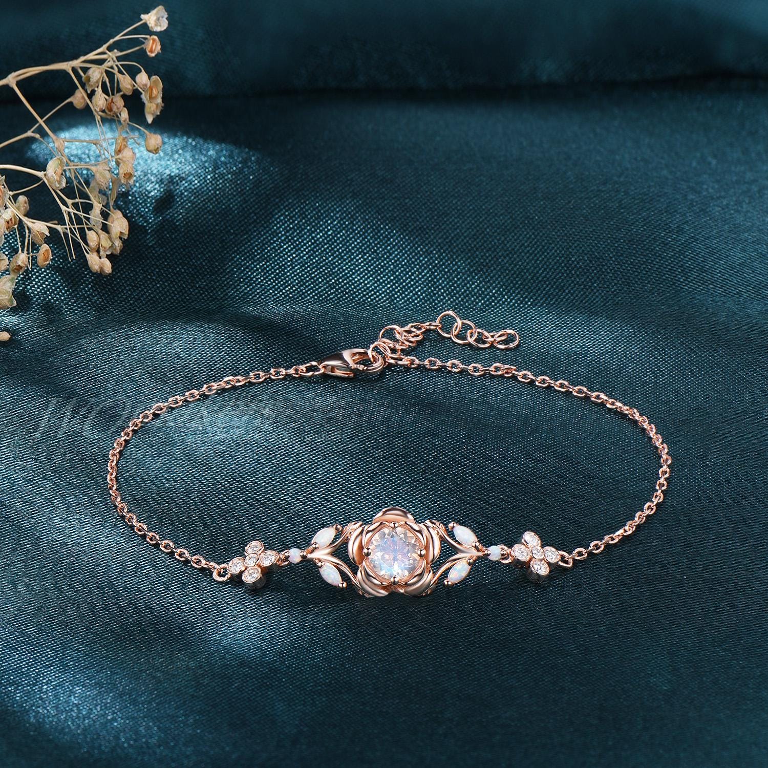 Nature Inspired Rose Flower Bracelet Natural Moonstone Bracelet