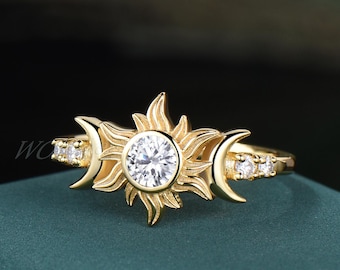 Crescent Moon&Sun Ring Tangled Moissanite/Diamond Engagement Ring Rapunzel Princess Sunflower Wedding Promise Ring 18k Solid Gold Gift Women