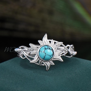 Rapunzel Inspired Ring Round Natural Turquoise Engagement Ring Bezel Silver Tangled Sundrop Flower Sun Wedding Birthday Gift For Daughter