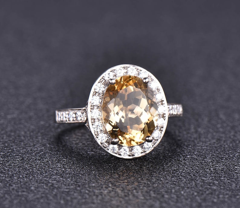 White Gold Citrine CZ Diamond Halo Statement Engagement Ring Half Eternity Wedding Band Vintage Yellow Stone Anniversary Ring