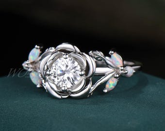 Unique Rose Flower Moissanite Engagement Ring Floral Leaves Diamond Opal Engagement Ring Nature Inspired Rose Ring Gold Promise Ring For Her
