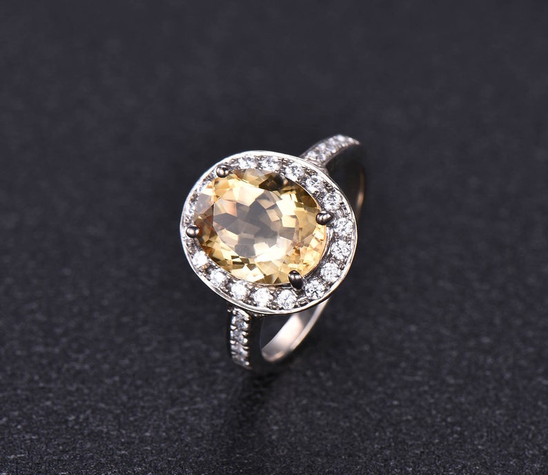 White Gold Citrine CZ Diamond Halo Statement Engagement Ring Half Eternity Wedding Band Vintage Yellow Stone Anniversary Ring