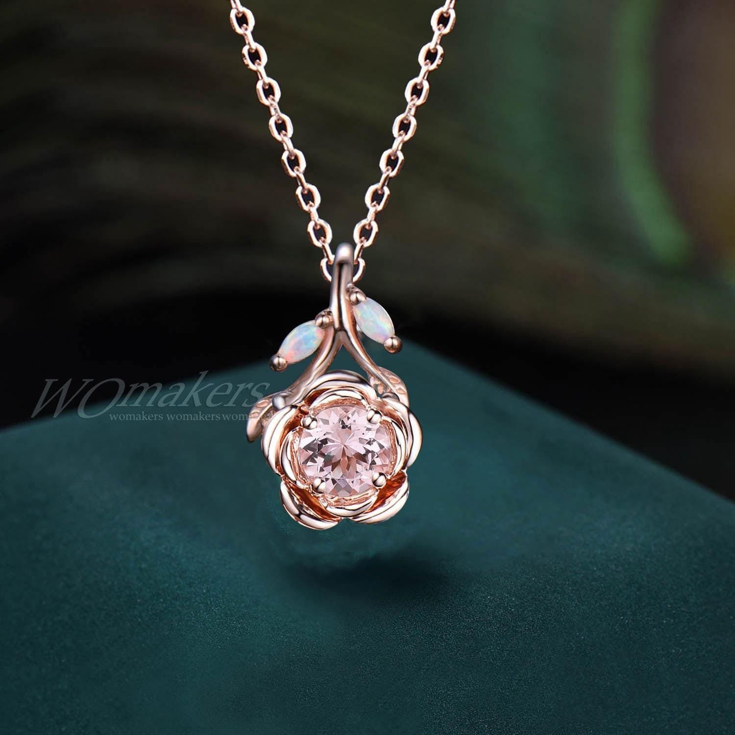 Colar vintage de morganita com design de flor rosa e inspiração natural, pingente de morganita em formato de folha de opala de 5 mm em ouro maciço 14k, presente de compromisso para mulheres