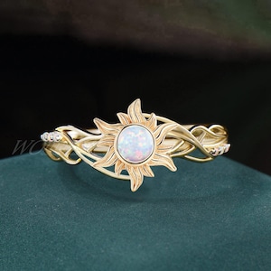 Tangled Rapunzel Princess Sun Engagement Ring 14k Solid Gold White Opal Ring Sunflower Fire Opal Wedding Promise Ring Gift For Her