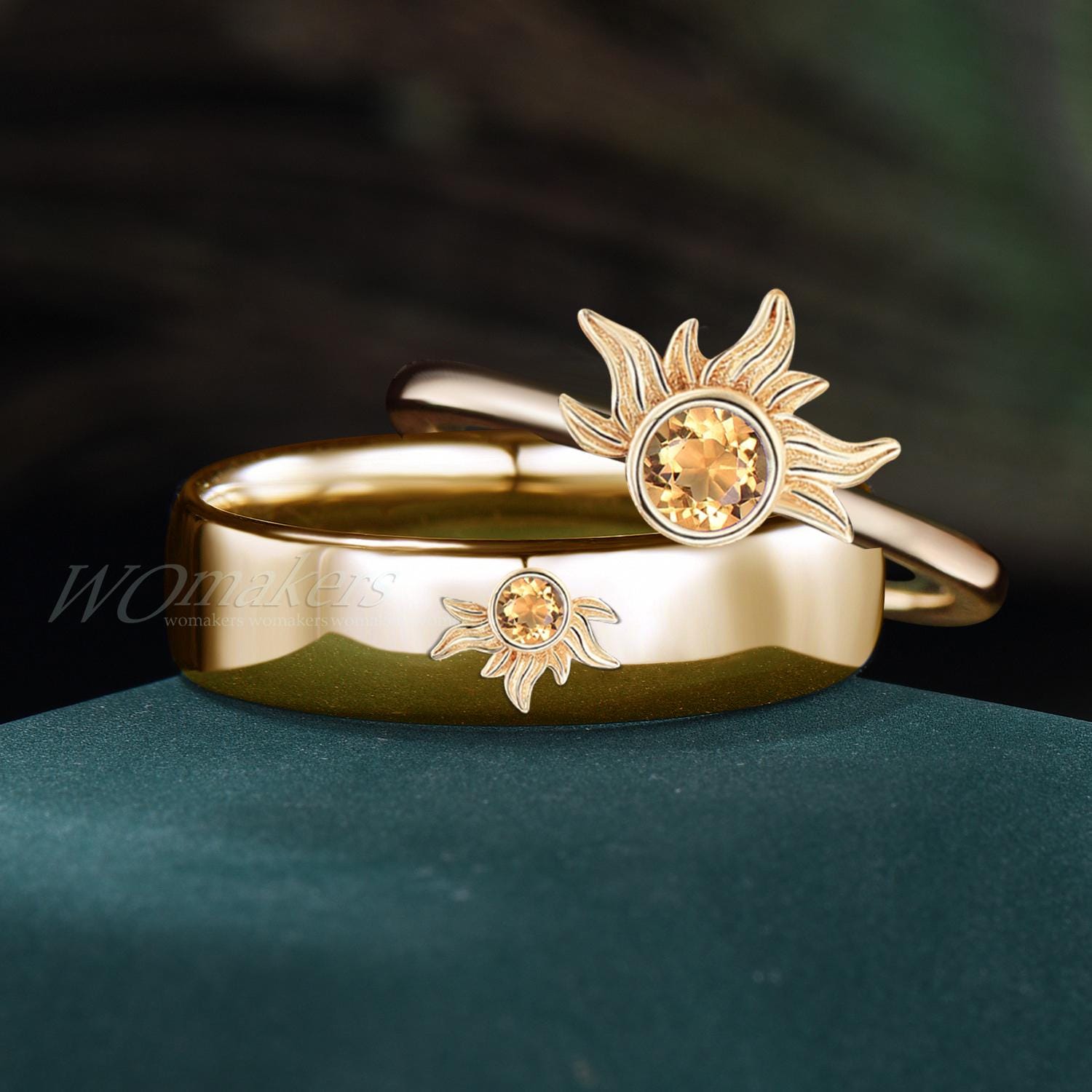 Tangled Sundrop Flower Ring Set Solid Gold Bezel Natural Citrine
