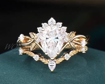 Vintage Half Halo Moissanite Pear Engagement Ring Set Leaf Vine Teardrop Cut Moissanite Ring Set Cluster Diamond Wedding Ring Gift For Wife