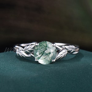 1ct Round Natural Moss Agate Engagement Ring Green Moss Solitaire Promise Ring Nature Inspired Vine Twisted Rings Leaf Branch Wedding Ring