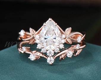 Half Halo Moissanite Pear Engagement Ring Leaf Branch Ring Set Nature Inspired Vintage Ring Vine Cluster Moissanite Leaves Wedding Band