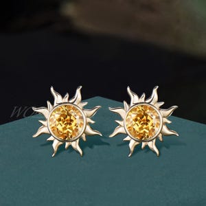 Tangled Sun Stud Earrings Round Citrine Bezel Solid 14k Yellow Gold Studs Unique Sunburst Yellow Crystal Rapunzel Women November Birthstone