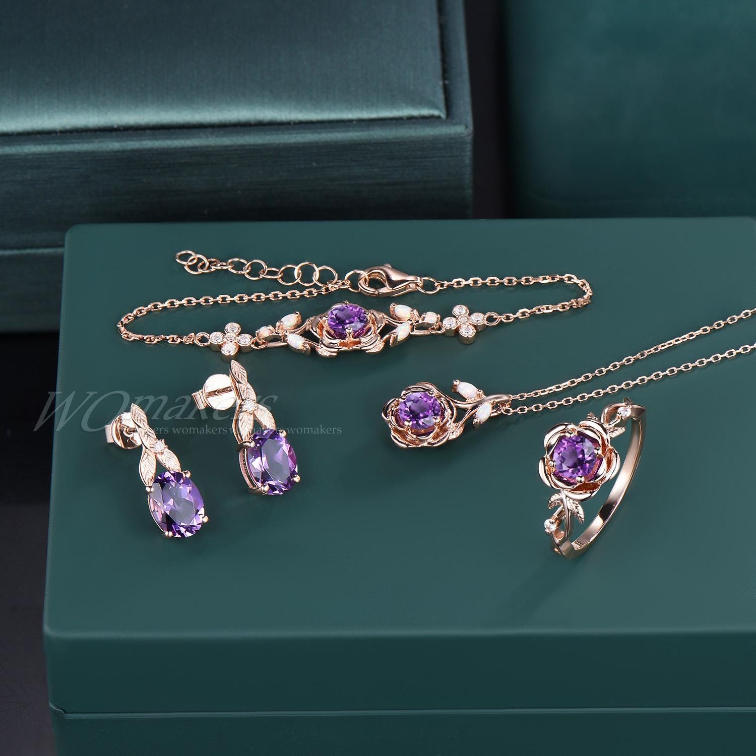 Rose Flower Natural Amethyst Jewelry Set 4pcs Ring Earrings