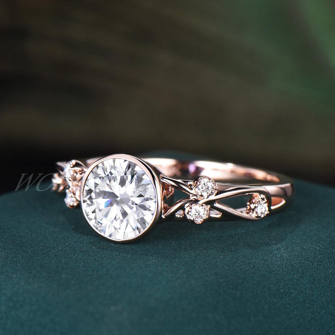 1ct Round Cut Moissanite Diamond Bezel Engagement Ring Vintage 14k Rose ...