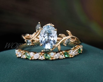 Oval Cut Natural Aquamarine Engagement Ring Set Moss Agate Leaf Branch Vine Twig Promise Ring Opal Emerald Cluster Wedding Band Gift For Her