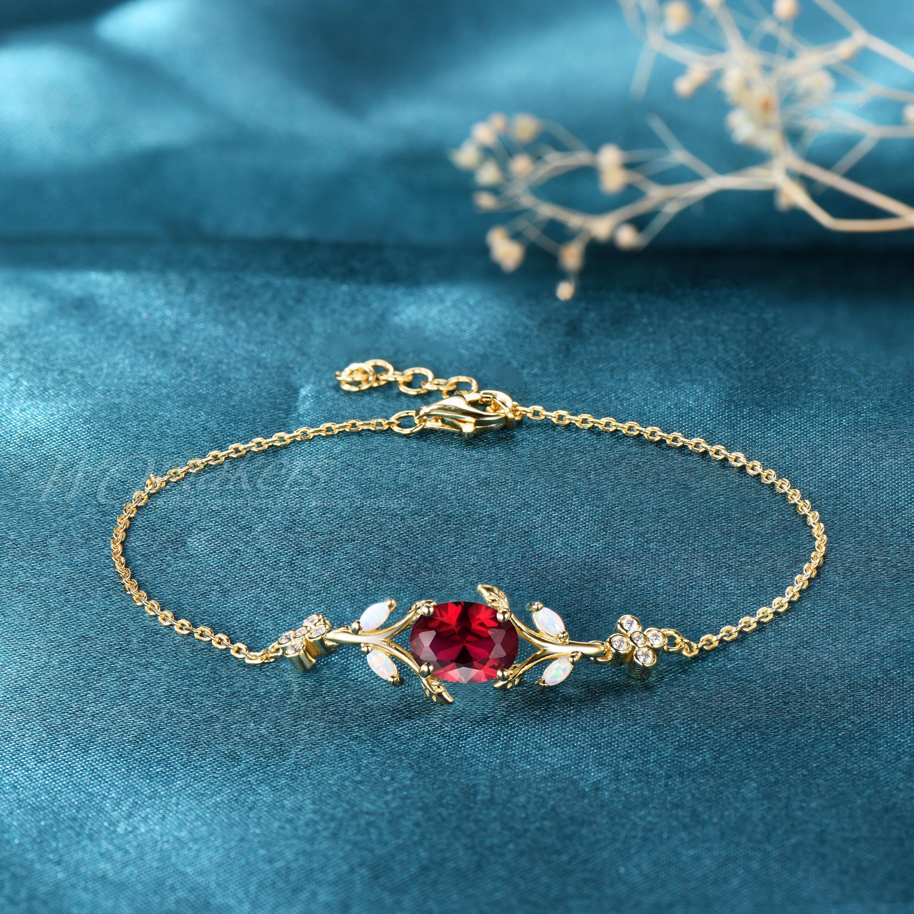 ブレスレット・バングル recovery of nature Ruby Nature Inspired Oval Cut Ruby Bracelet Opal Leaf Twig Branch Red