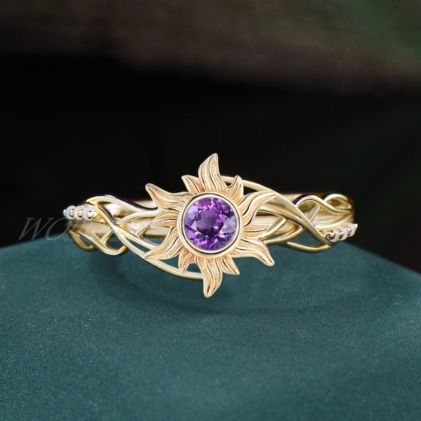 Anillo de Rapunzel con amatista natural y sol, anillo de compromiso con girasol enredado, anillo de bodas de oro macizo de 10 k con cristal morado, regalo de cumpleaños para ella.