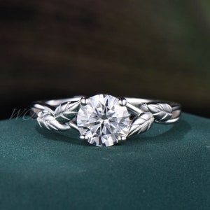 1ct Round Moissanite Engagement Ring Vintage Nature Inspired Moissanite Diamond Rings Leaf Branch Wedding Ring Unique Solitaire Promise Ring