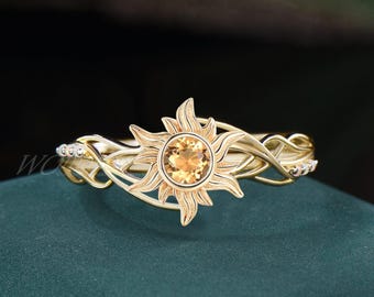 Princess Rapunzel Inspired Ring Sun Natural Citrine Engagement Ring Tangled Sundrop Flower Ring 10k Solid Gold Wedding Birthday Gift Women