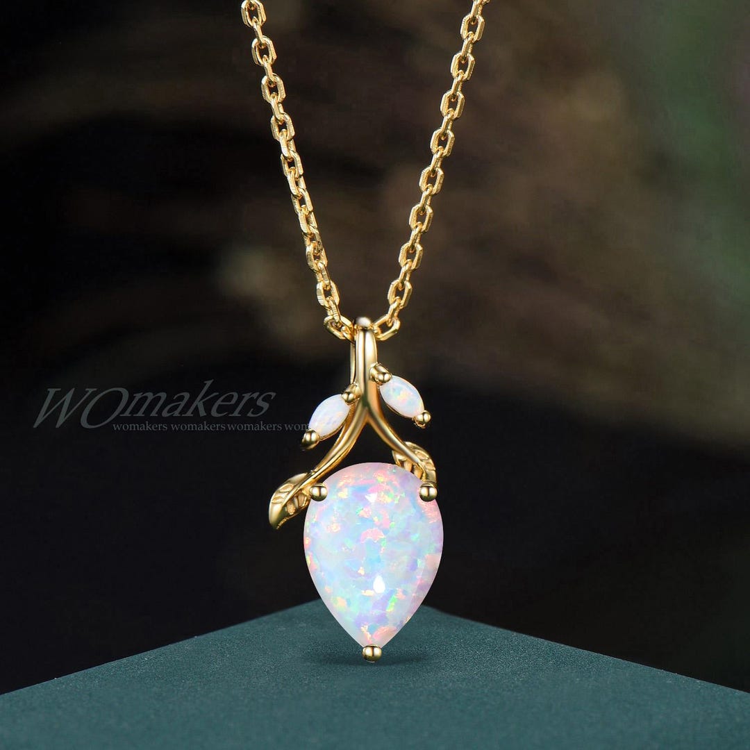 Teardrop Cut White Opal Drop Necklace Solid Gold Nature Inspired