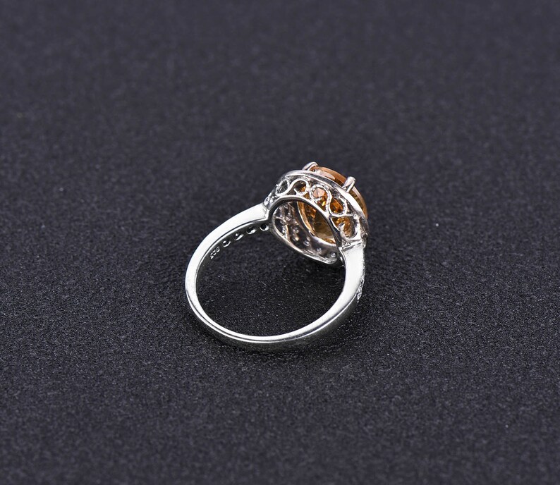 White Gold Citrine CZ Diamond Halo Statement Engagement Ring Half Eternity Wedding Band Vintage Yellow Stone Anniversary Ring