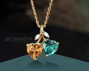 Couple Love Birthstone Necklace Twig Branch Opal Leaf Heart Cut Natural Citrine&Emerald Pendant Necklace Solid Gold Chain Necklace Wedding
