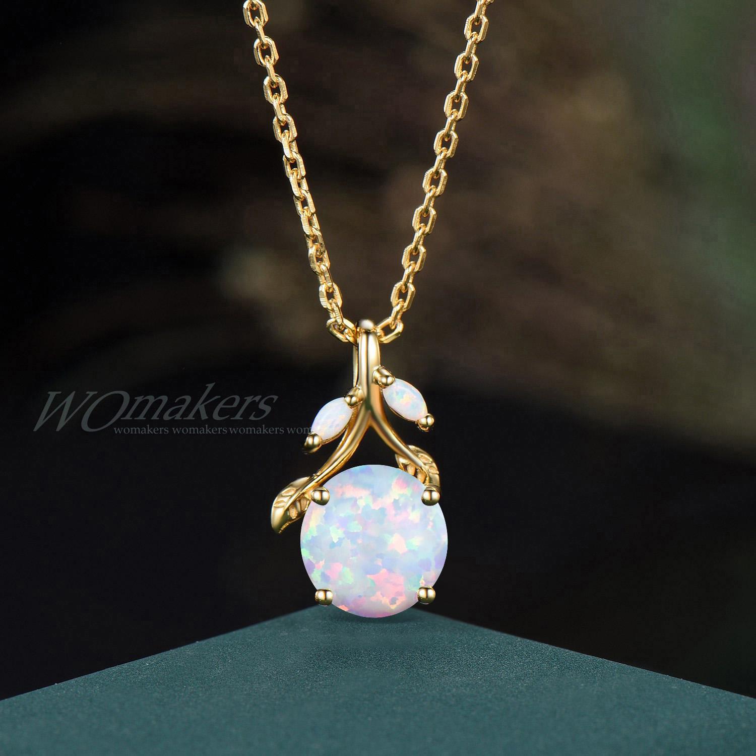 Teardrop Cut White Opal Drop Necklace Solid Gold Nature Inspired