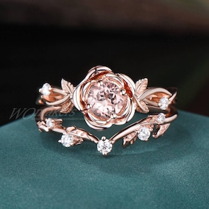 Dainty Rose Flower Ring Round Natural Pink Morganite Engagement Ring Leaf Twist Vine Band Solid Rose Gold Wedding Bridal Ring Set Women