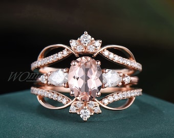 3 Stück Oval Natürliche Pfirsich Morganit Brautring Set Fünf Stein-Verlobungsring Vintage Krone MoissaniteEnhancer Ehering Versprechen Ring-Set