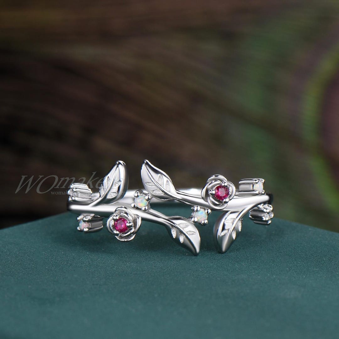 Nature Inspired Round Ruby and Opal Leaf Flower Branch Bypass Wedding ...