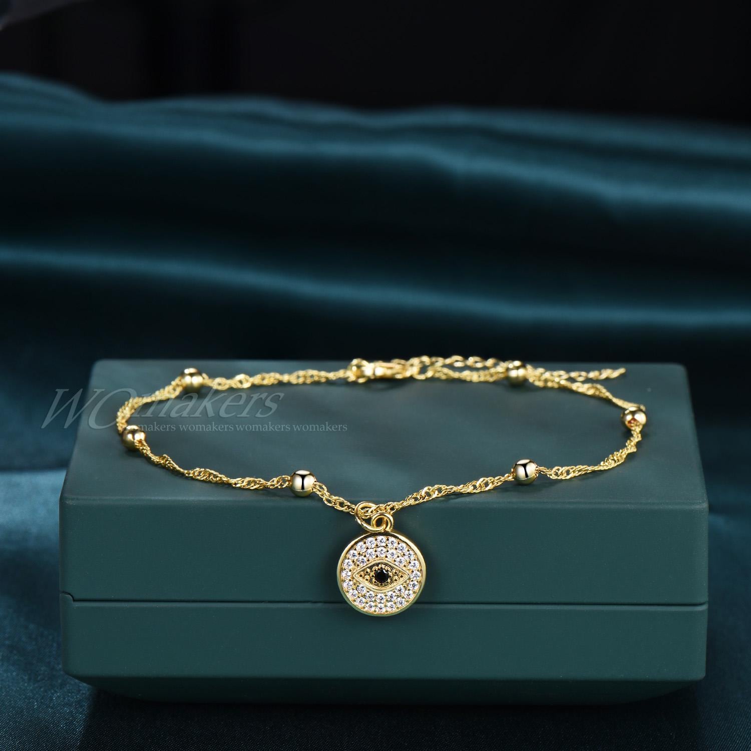 Evil Eye Anklet Adjustable Ball Bead Singapore Twist Chain 14k Solid Gold Moissanite Black Spinel Dainty Summer Jewelry Minimalist Style