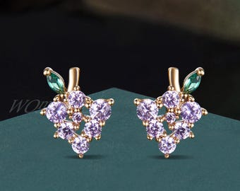 Natural Amethyst Grape Stud Earrings, Round Purple Gemstone Cluster Studs, Emerald Leaf Fruit Jewelry, Nature Inspired Birthday Gift Women
