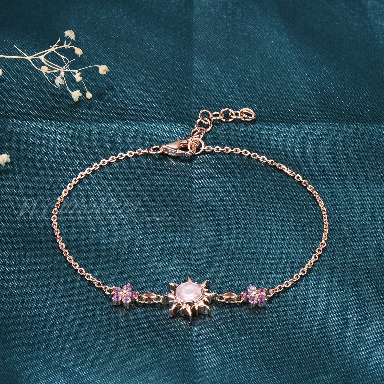 Natural Rose Quartz Tangled Sun Flower Adjustable Bracelet