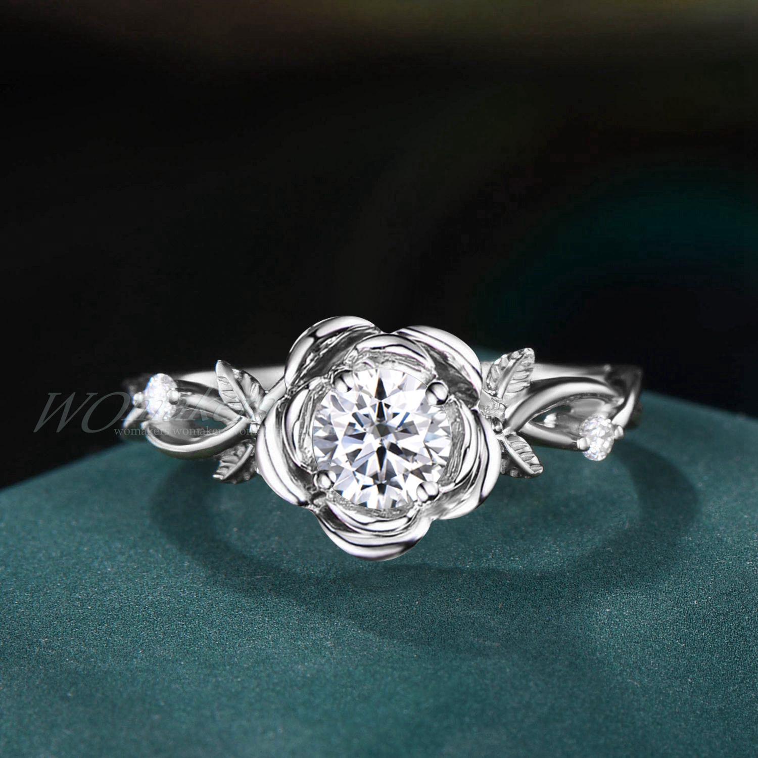 Moissanite Rose Flower Ring Leaf Vine Engagement Ring Nature Inspired Twisted Band Round Cut Diamond Promise Ring Bridal Ring Set For Her