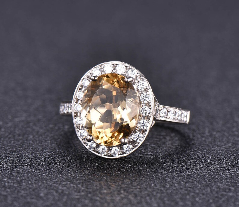 White Gold Citrine CZ Diamond Halo Statement Engagement Ring Half Eternity Wedding Band Vintage Yellow Stone Anniversary Ring