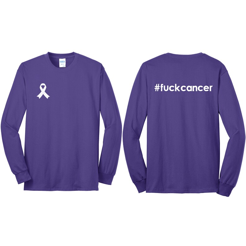 Ribbon on front left and #fuckcancer on back FREE SHIPPING Purple Long Sleeve T-Shirt Pancreatic Cancer Awareness