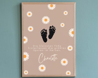 Fußabdruck vom Baby | Babyfussabdruck | Personalisiert | Geschenk | Geburt | Taufe | Kommunion | Babyparty | Poster | Bild | A3 | A4