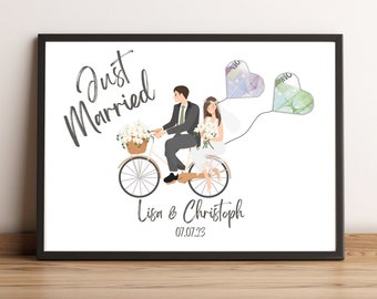 Huwelijksgeld cadeau | Fiets | Gepersonaliseerd | Afbeelding | Affiches | Afdrukken | Cadeau | bruidspaar | Bruiloft | viering | Doe-het-zelf | Fiets