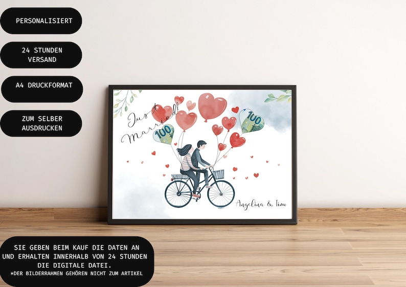 May include: A watercolor illustration of a couple riding a bicycle with red heart balloons tied to the handlebars. The balloons are filled with money. The text "Just Married" is written in cursive at the top of the image. The text "Angelina & lime" is written at the bottom of the image.