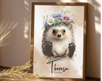 Baby footprint | Baby footprint | Personalized | Gift | Birth | Christening | Christmas | Baby shower | Poster | Picture |  | A4 | Hedgehog